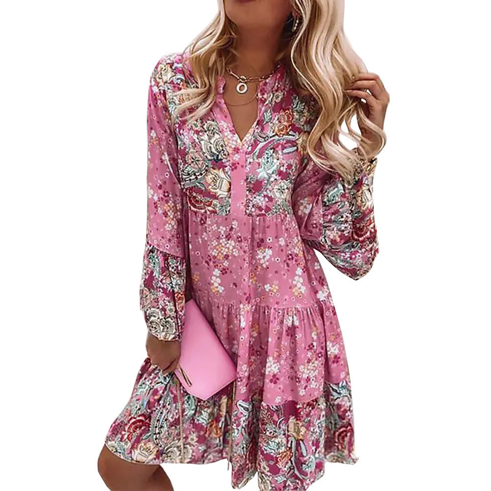 Damen nan leichtes Stufen-Babydollkleid mit V-Ausschnitt und Ballonärmeln Drune