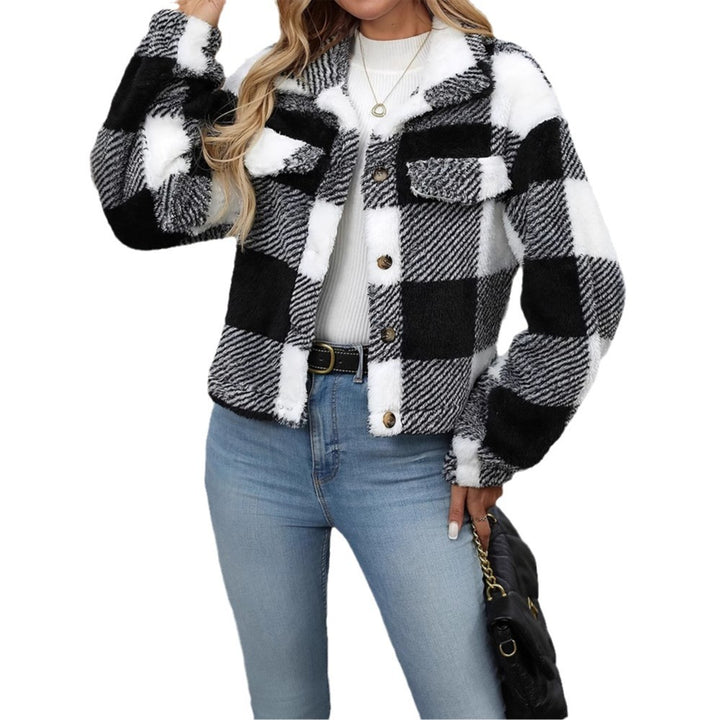 Damen Karierte Plüschjacke mit weichem Griff und knöpfbarer Vorderseite Drune