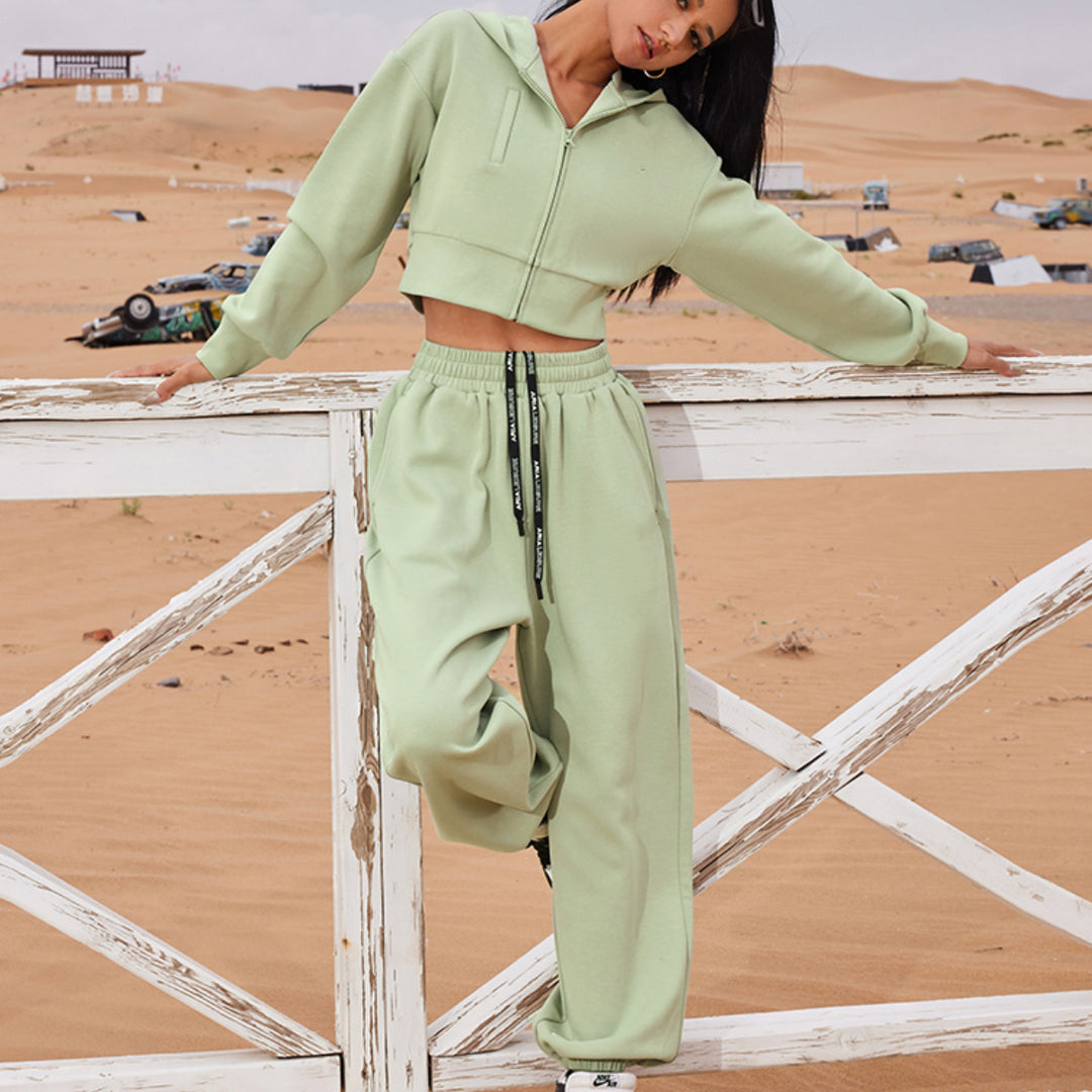 Damen Zweiteiliges Cropped Reißverschluss-Hoodie mit elastischer High-Waist Jogginghose Drune