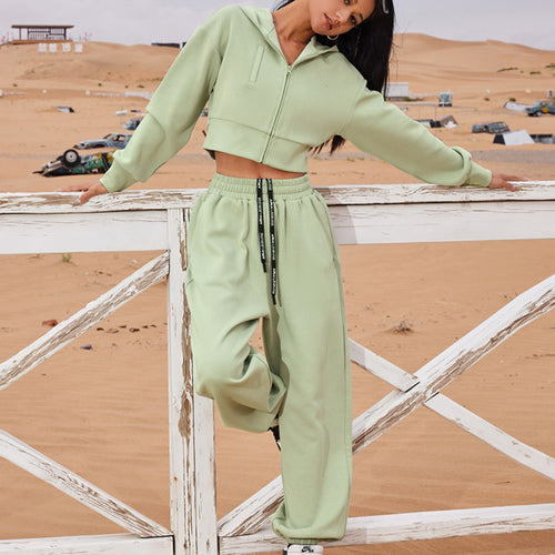 Damen Zweiteiliges Cropped Reißverschluss-Hoodie mit elastischer High-Waist Jogginghose Drune