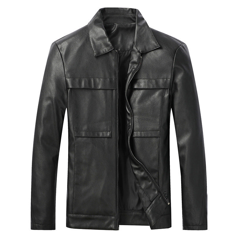 Herren Slim‑Fit Lederoptik-Truckerjacke mit Hemdkragen, verdecktem Reißverschluss und Pattentaschen Drune