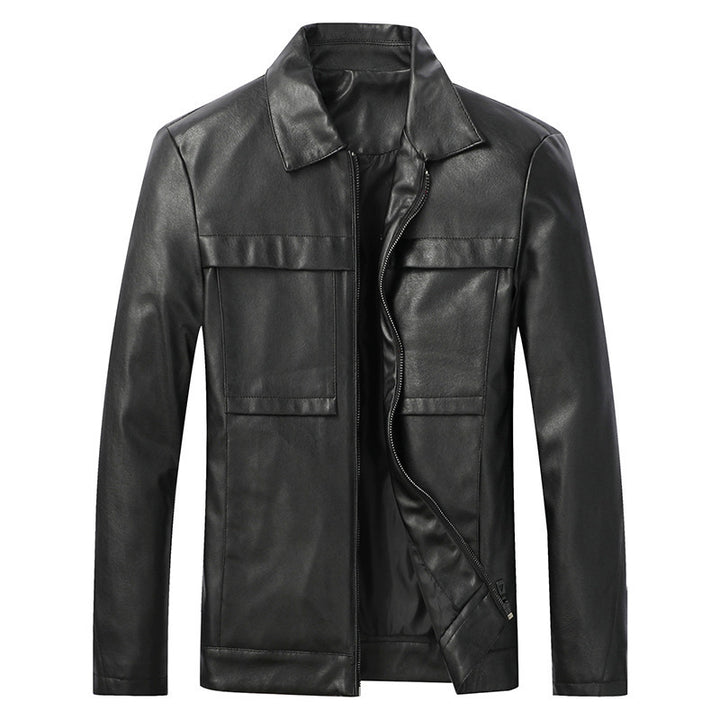 Herren Slim‑Fit Lederoptik-Truckerjacke mit Hemdkragen, verdecktem Reißverschluss und Pattentaschen Drune