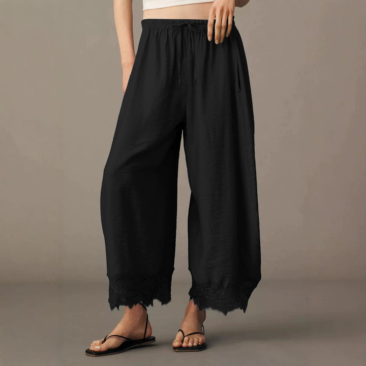 Damen Weite Palazzo-Hose mit elastischem Tunnelzugbund und Spitzenbesatz Drune