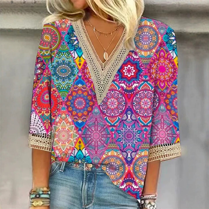 Damen nan locker fallende Mandala-Patchwork-Tunika mit tiefem V-Ausschnitt und Häkelspitzenbesatz Drune