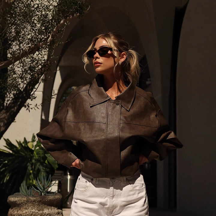 Damen Boxy Cropped Lederimitat‑Blouson mit Oversize‑Schulter Drune