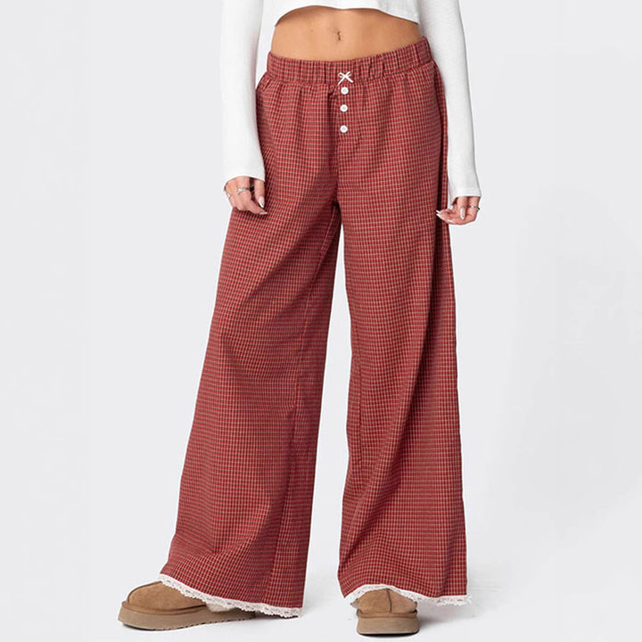 Damen Weit geschnittene Karohose mit Spitzendetails Drune