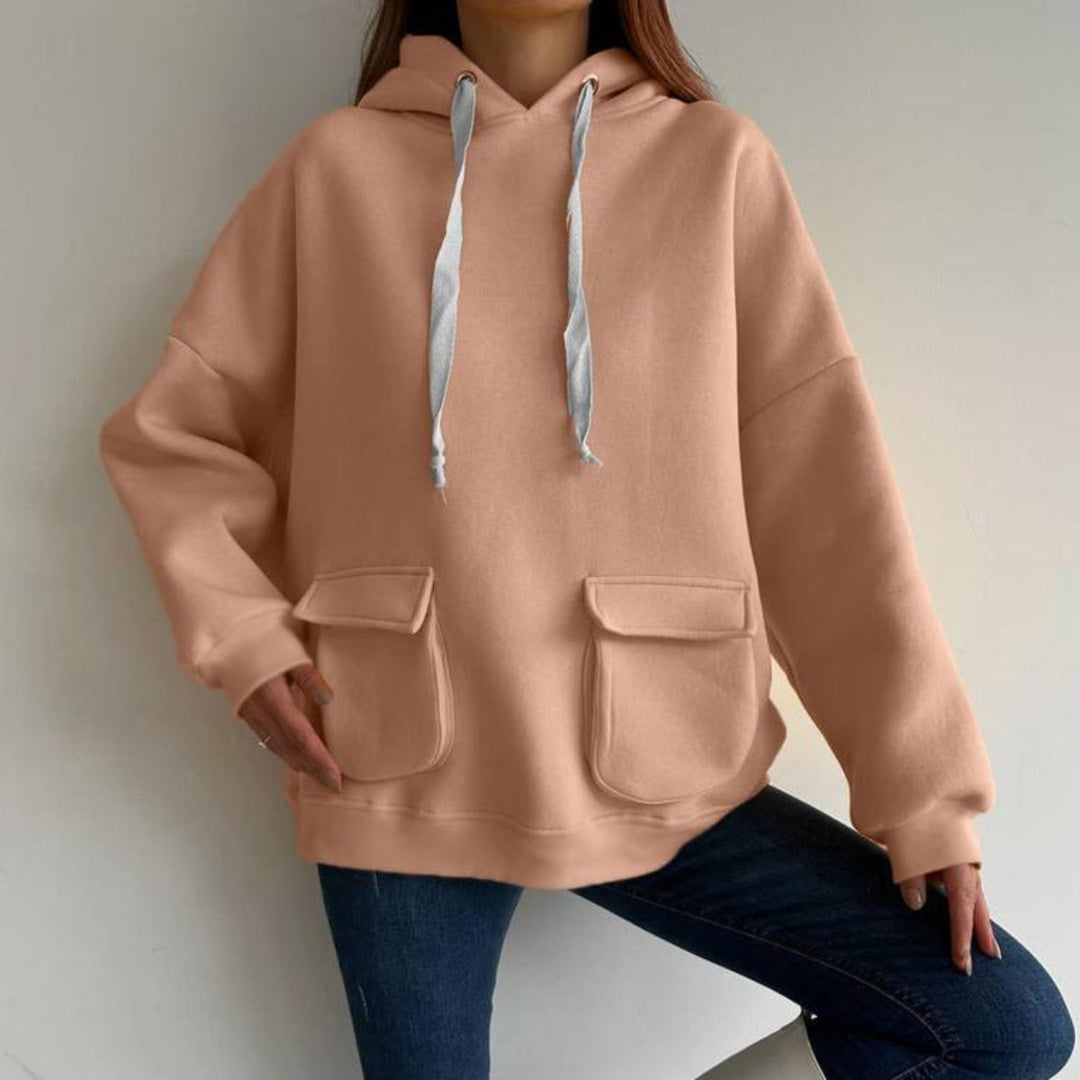Damen nan Oversize-Kapuzenpullover mit aufgesetzten Klappentaschen und extra-langen Kordeln Drune