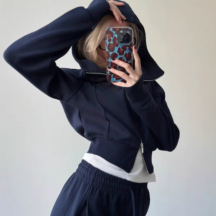 Damen sportliches Loungewear-Set mit hohem Kragen und elastischem Bund Drune