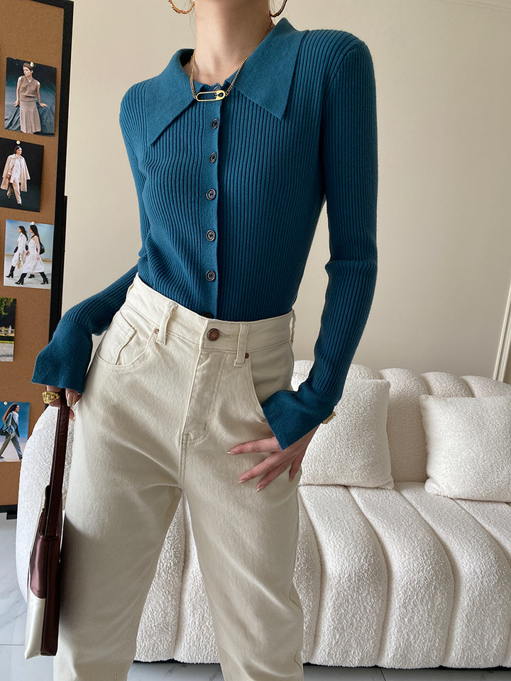 Damen Elegantes Strickoberteil mit großem Kragen Drune