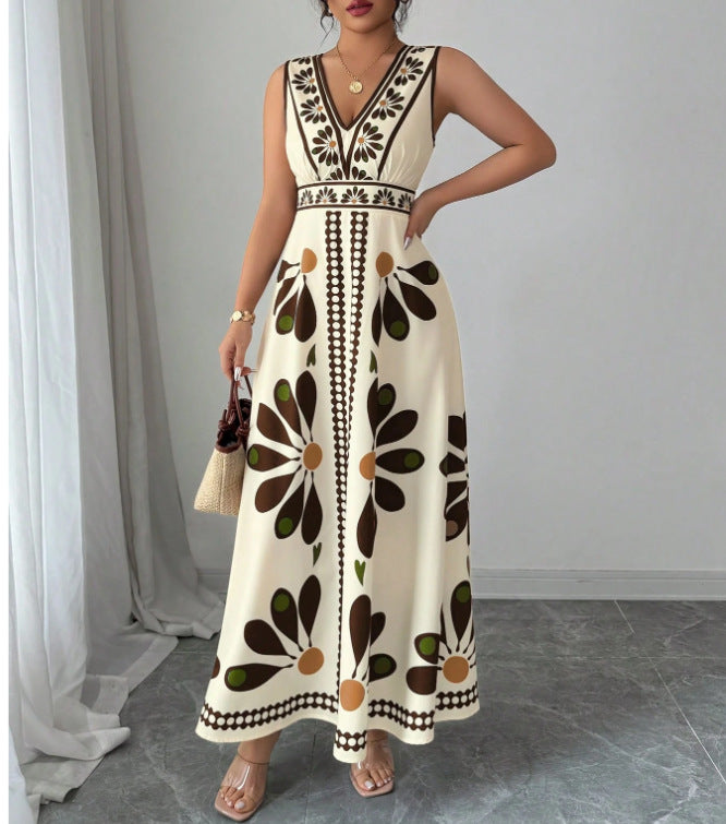 Damen Maxikleid mit voluminösem Blumenmuster und tiefem V-Ausschnitt Drune