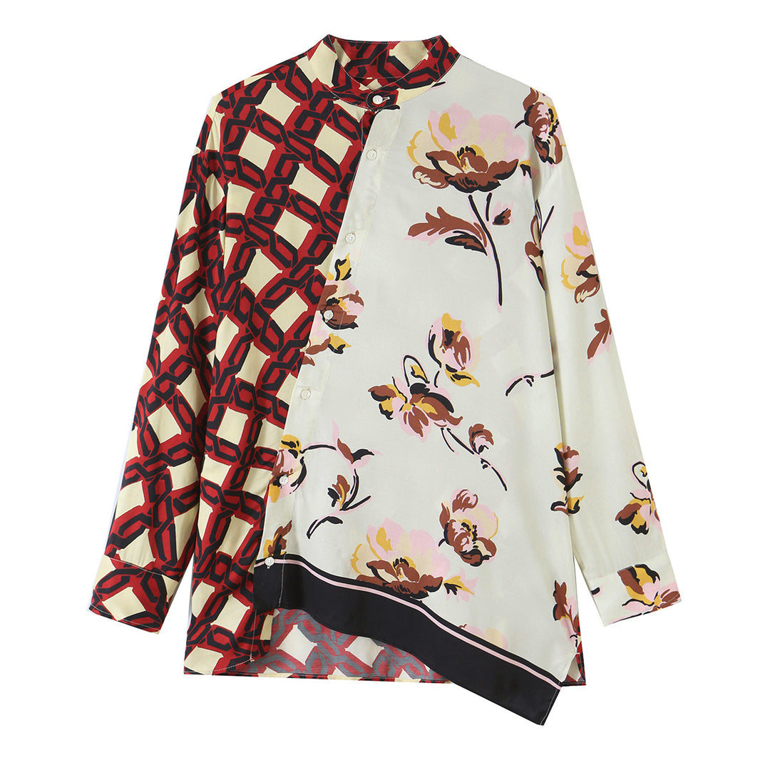 Damen Asymmetrische Seidenoptik-Bluse mit Kontrast-Print und Stehkragen Drune