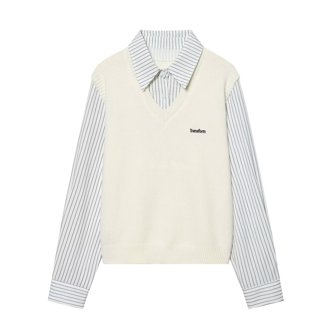 Damen Lagenlook-Hemd mit V-Ausschnitt Strickweste Drune