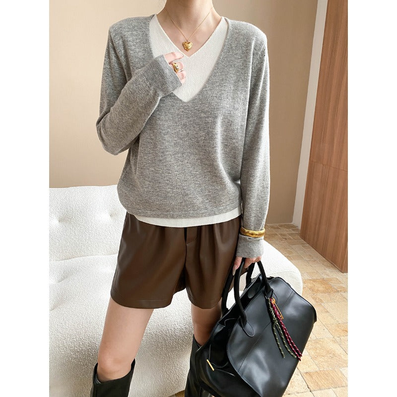 Damen eleganter V-Ausschnitt Pullover mit feiner Rippstruktur und weichem Material Drune