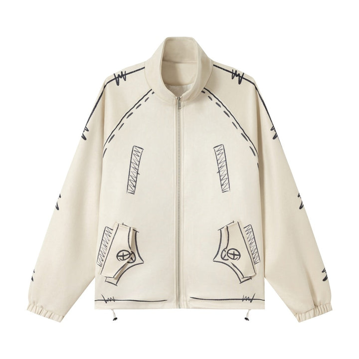 Unisex Oversize Fleecejacke mit Stehkragen und grafischem Skizzenprint Drune