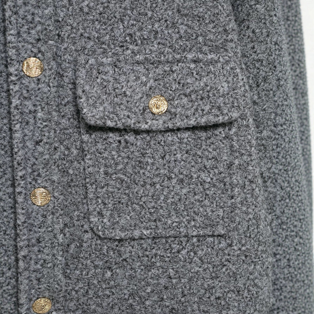 Damen Bouclé Cropped Jacke mit Goldknöpfen und aufgesetzten Pattentaschen Drune