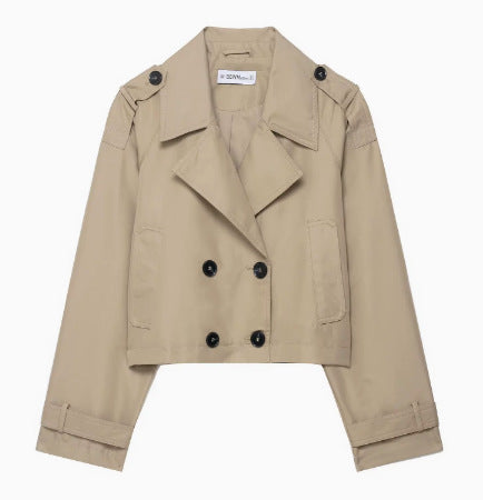 Damen 700+ Cropped‑Trenchblouson mit doppelreihiger Knopfleiste und Schulterpatten Drune