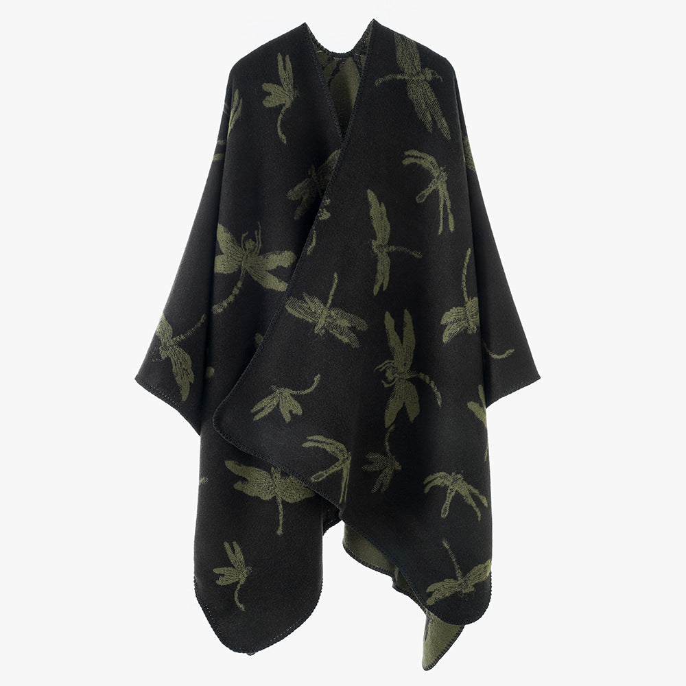 Damen Reversibler Cape-Poncho mit Libellen-Jacquard und feinem Saum Drune