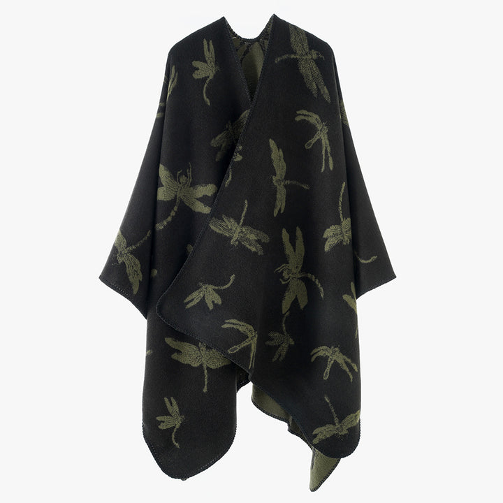 Damen Reversibler Cape-Poncho mit Libellen-Jacquard und feinem Saum Drune