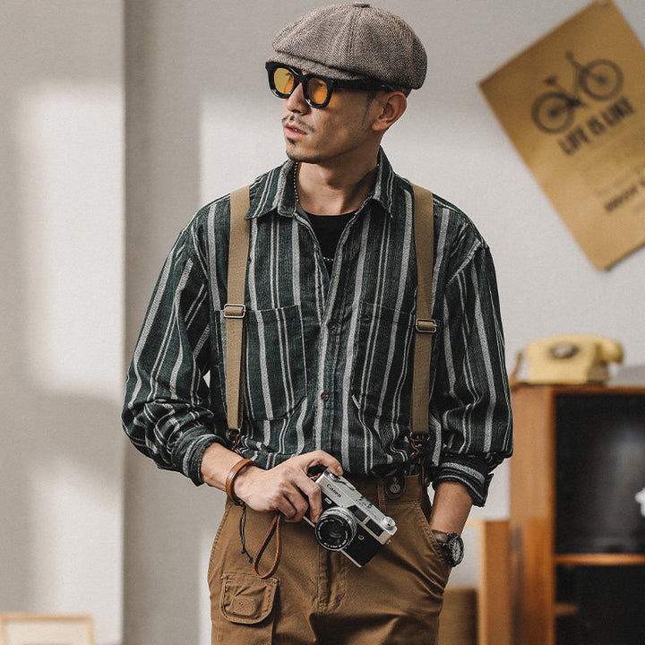 Herren Gestreiftes Overshirt-Hemd aus Baumwoll-Leinen mit Brusttaschen Drune
