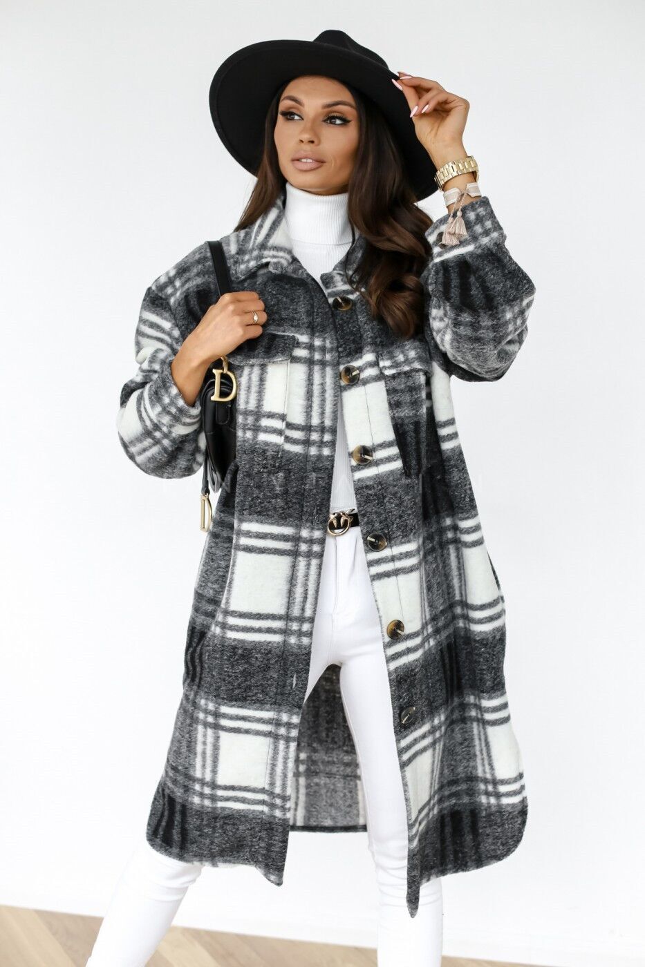 Damen Karierter Wollmantel mit Knopfdetails und praktischen Taschen Drune