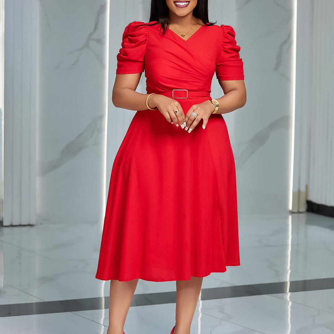Damen Midi-Kleid mit eleganten Puffärmeln und tailliertem Gürtel Drune