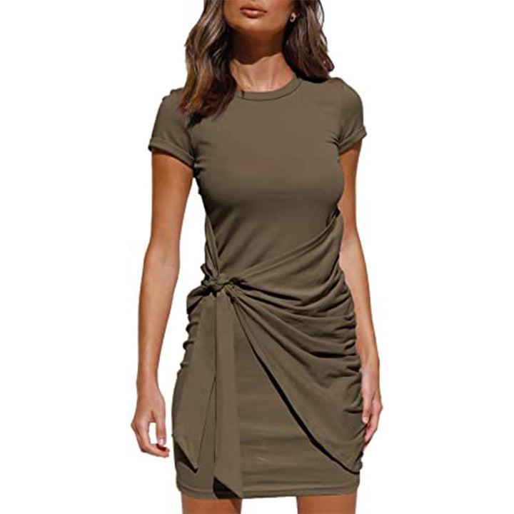 Damen Kurzarm Wickelkleid mit Raffung und Knoten Detail Drune