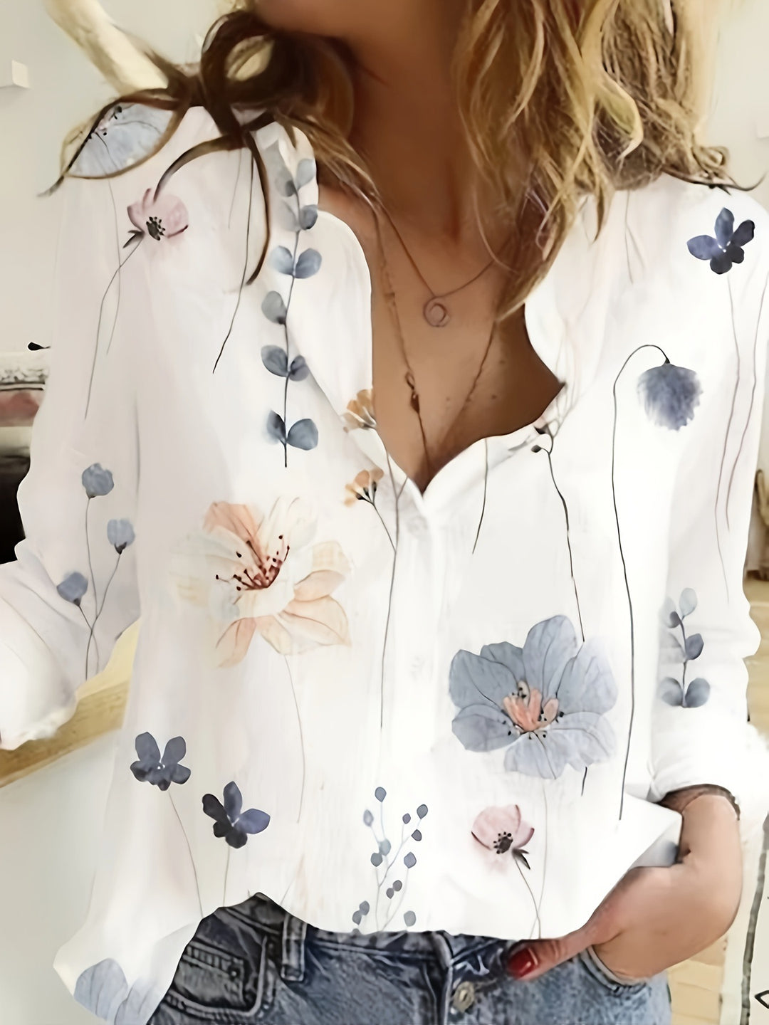 Damens Bluse mit floralem Druck und langen Ärmeln mit Knopfverschluss Drune