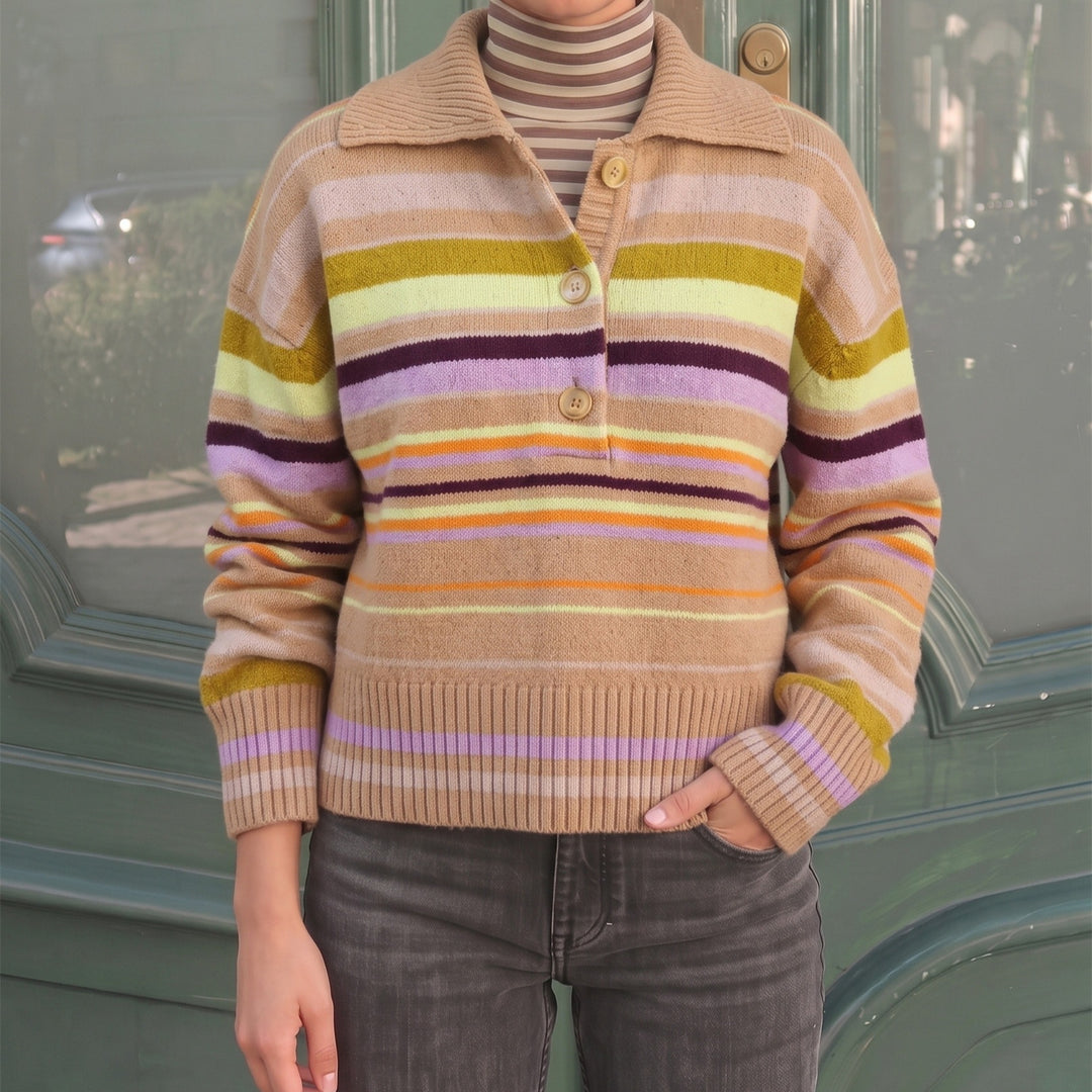 Damen Gestreifter Strickpullover mit Polokragen & Knopfleiste Drune