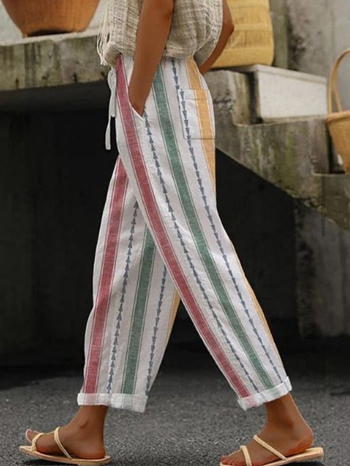 Damen Weite Leinenhose mit handgewebtem Muster Drune