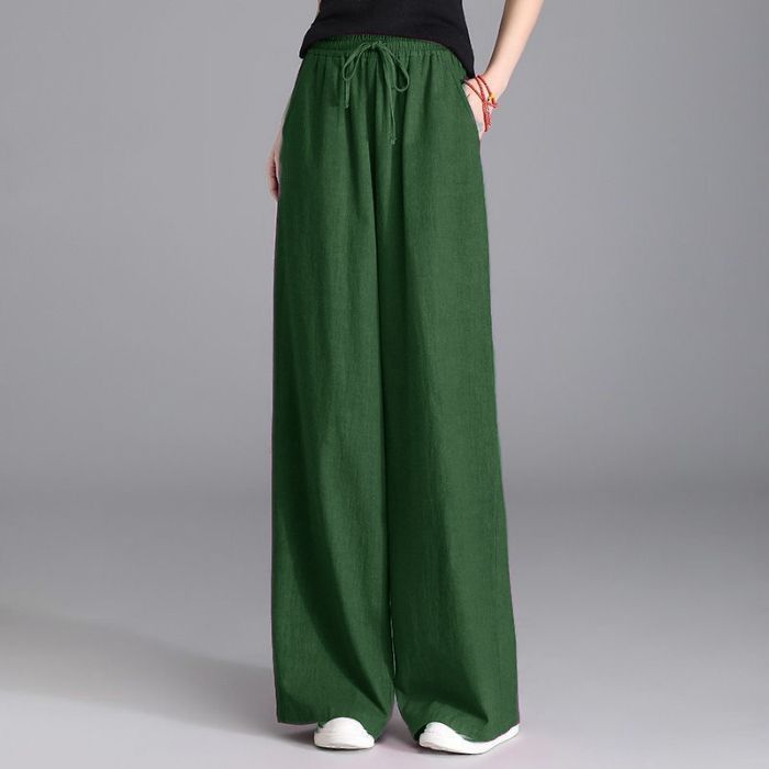 Damen nan weite Palazzo Leinenhose mit elastischem Kordelbund und Seitentaschen Drune