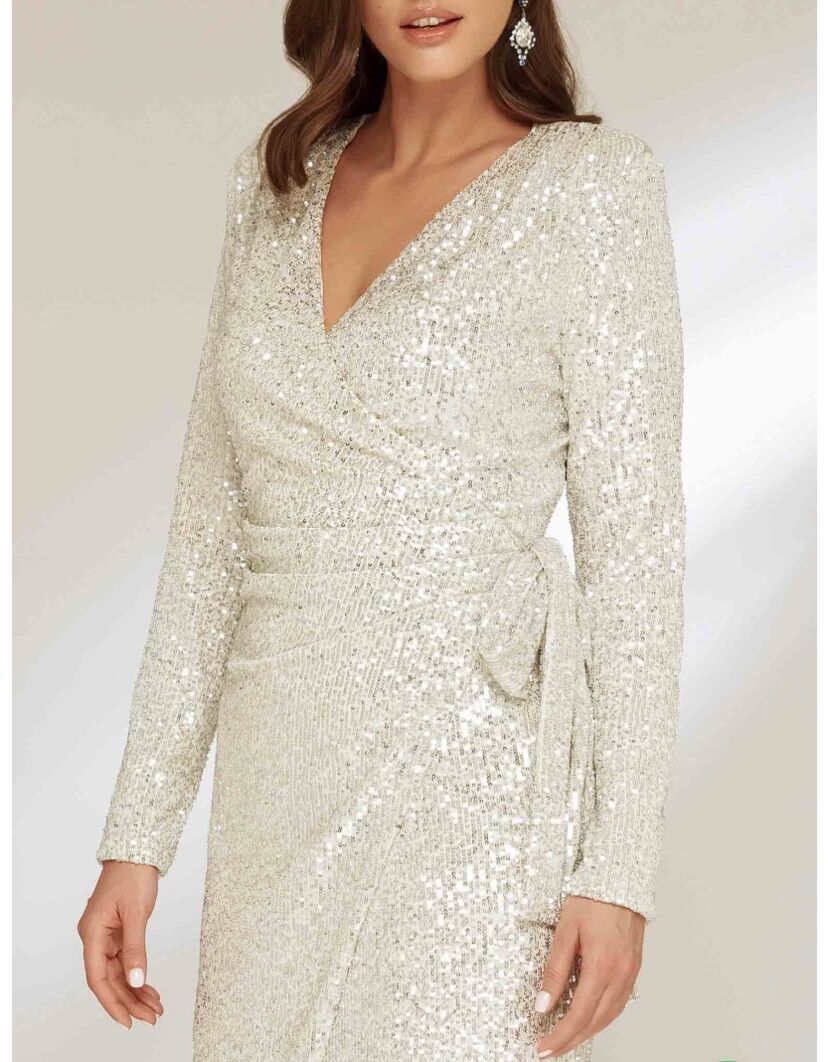 Damen Glamouröses Pailletten-Kleid mit Wickeloptik und langen Ärmeln Drune