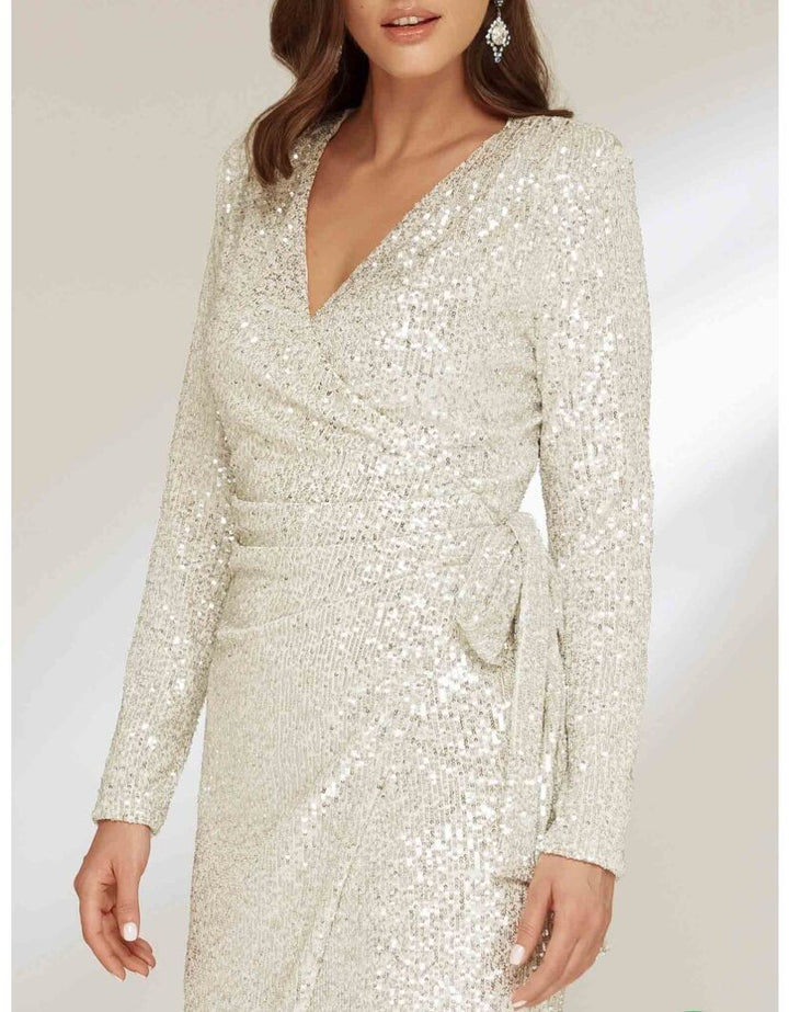 Damen Glamouröses Pailletten-Kleid mit Wickeloptik und langen Ärmeln Drune