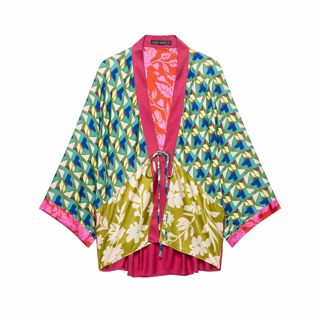 Damen Gemusterter Seiden-Kimono mit Bindegürtel und weitem Fledermausärmel Drune