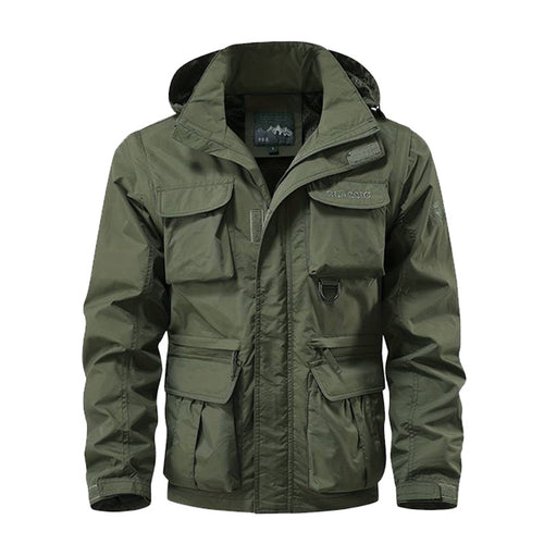 Herren nan multifunktionale Fieldjacke mit Kapuze, zahlreichen Klapp- und Reißverschlusstaschen sowie wind- und wasserabweisender Membran Drune