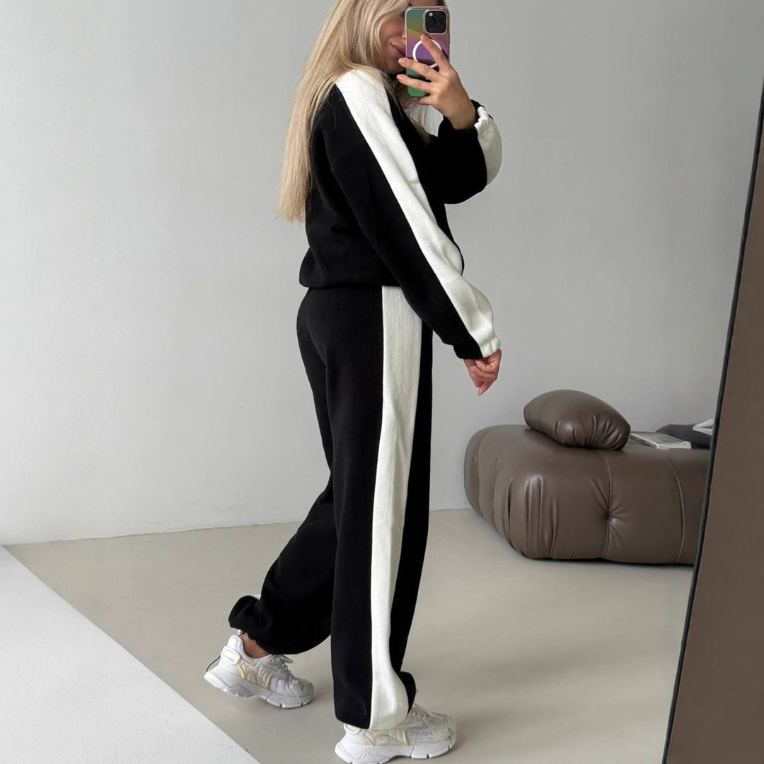 Damen sportlich-elegantes Fleece-Trainingsset mit kurzem Stehkragen-Zip, elastischem Bund und seitlichen Kontrastbahnen Drune