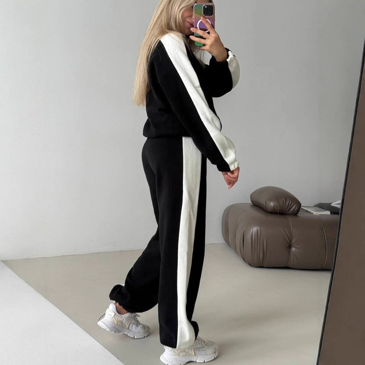 Damen sportlich-elegantes Fleece-Trainingsset mit kurzem Stehkragen-Zip, elastischem Bund und seitlichen Kontrastbahnen Drune