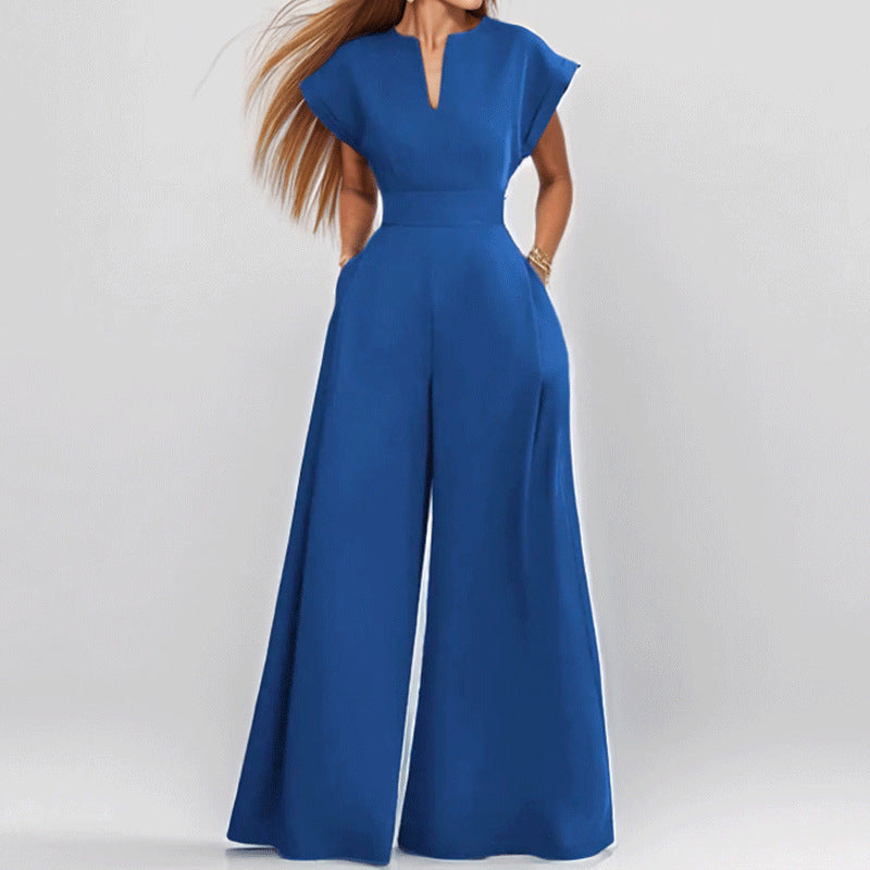 Damen Elegante weite Jumpsuit mit kurzen Ärmeln und tiefem Ausschnitt Drune