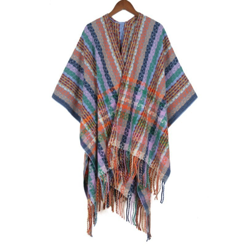 Damen Mehrfarbiger Web‑Poncho im Boho‑Patchwork‑Design mit Fransen Drune