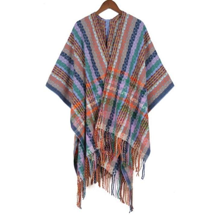 Damen Mehrfarbiger Web‑Poncho im Boho‑Patchwork‑Design mit Fransen Drune