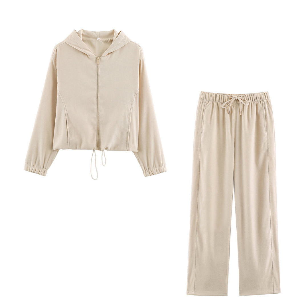 Damen Jersey‑Zweiteiler mit kurzer Kapuzenjacke, Kordelzug und gerader Komforthose Drune