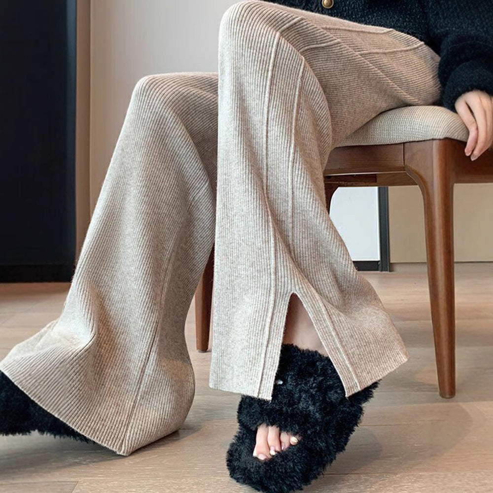 Damen Modische Rippstrick-Hose mit seitlichen Schlitzen Drune