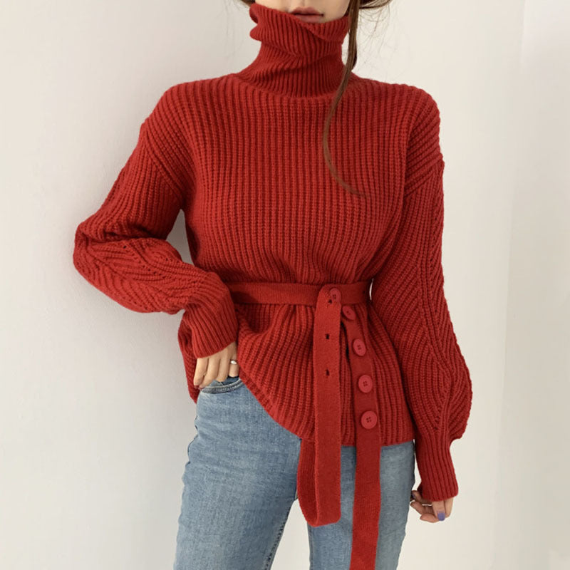 Damen Grobstrickpullover mit hohem Kragen und taillierbarem Gürtel Drune