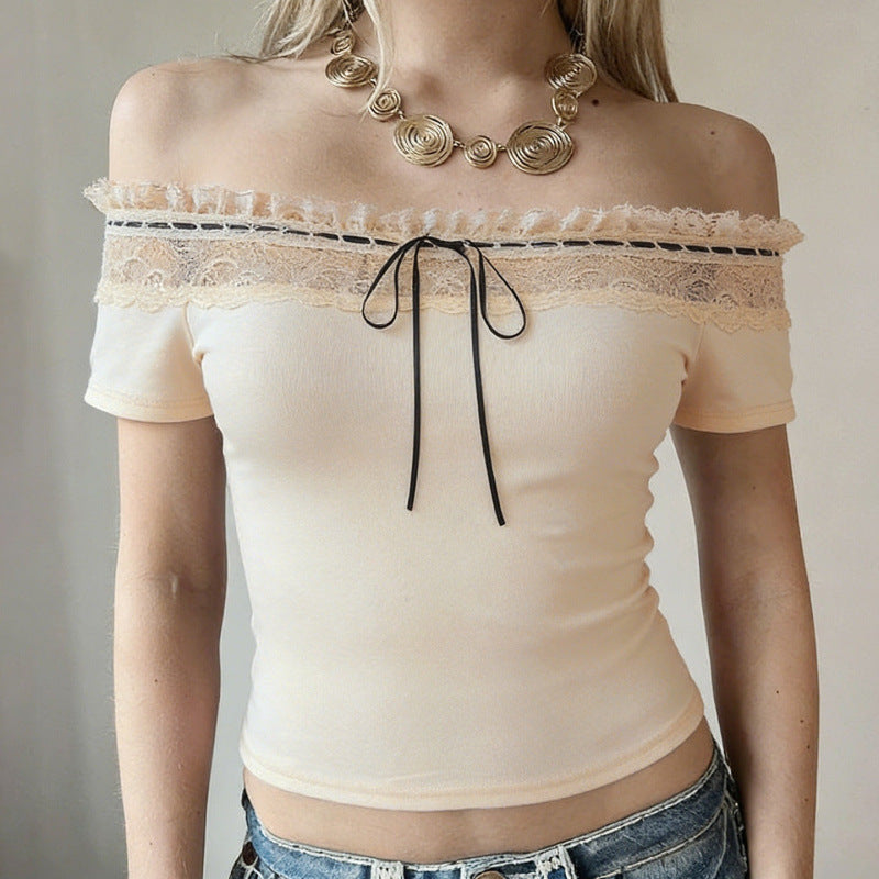 Damen Off-Shoulder Oberteil mit Spitzenverzierungen und taillierter Passform Drune