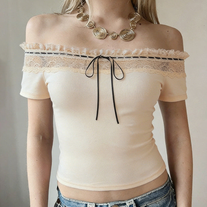 Damen Off-Shoulder Oberteil mit Spitzenverzierungen und taillierter Passform Drune