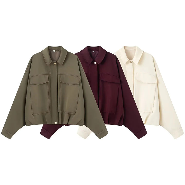Damen nan cropped Overshirt-Jacke mit überlanger Ärmelpartie, großen Pattentaschen und verdeckter Druckknopfleiste Drune