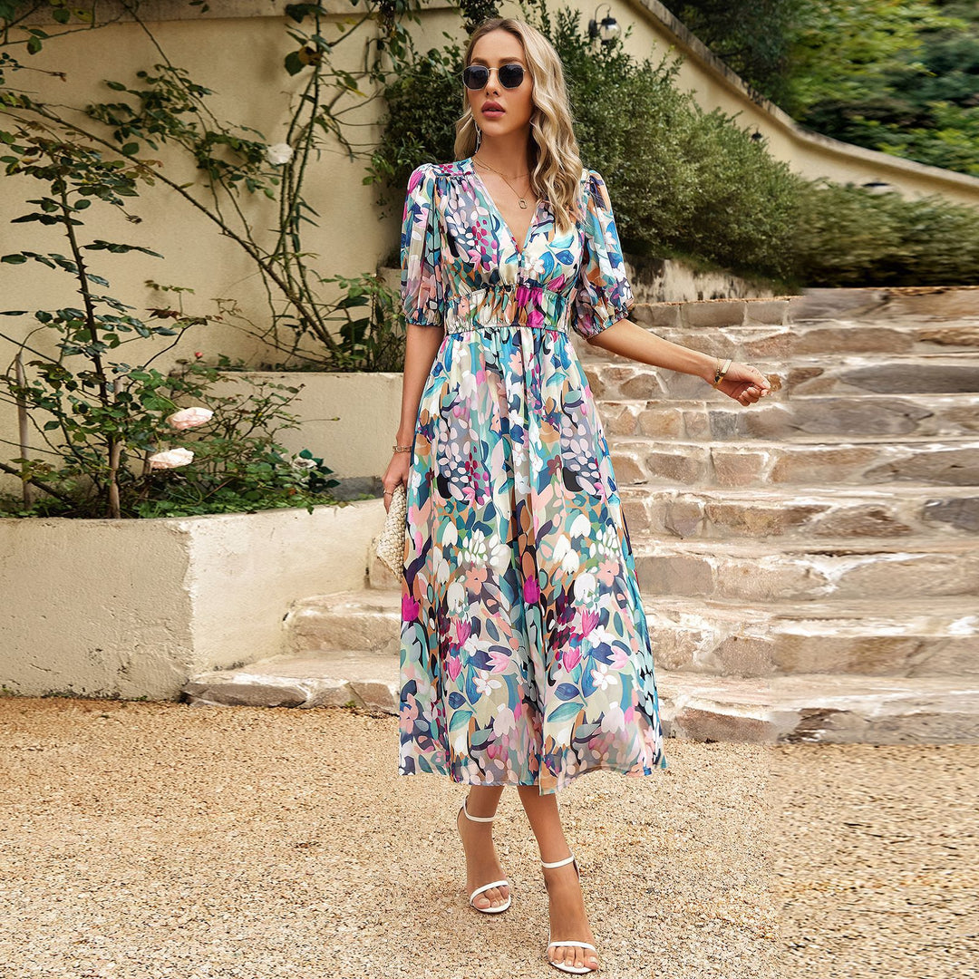 Damen Maxi Kleid mit 3/4-Ärmeln und floralem Design Drune