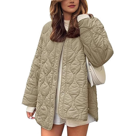 Damen gesteppte Oversize-Steppjacke mit Druckknopfleiste und gerundetem Saum Drune