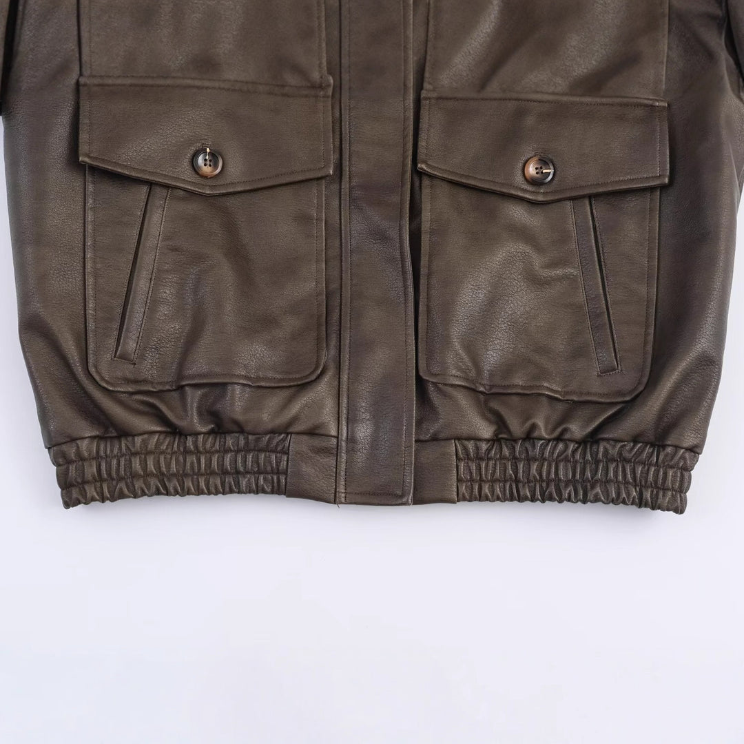 Damen elegante Lederjacke mit abnehmbarer Kunstfellkragen und praktischen Taschen Drune