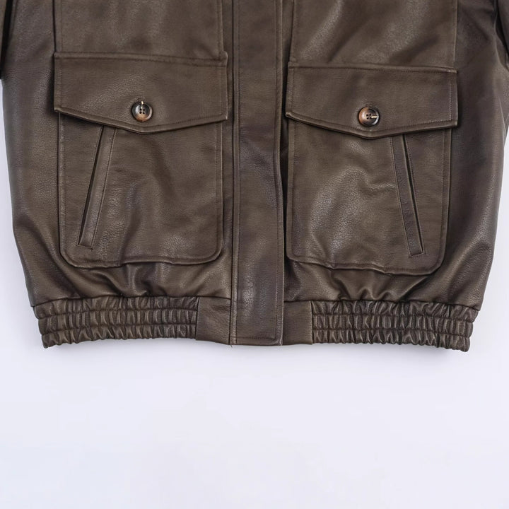Damen elegante Lederjacke mit abnehmbarer Kunstfellkragen und praktischen Taschen Drune