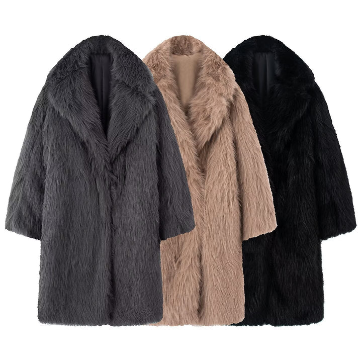 Damen Langer Oversize Kunstfellmantel mit voluminösem Schalkragen Drune